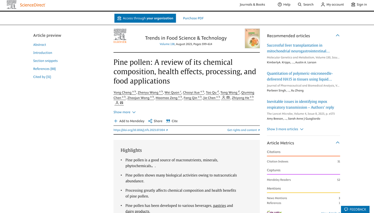 Pine pollen: A review of its chemical composition, health effects, processing, and food applications