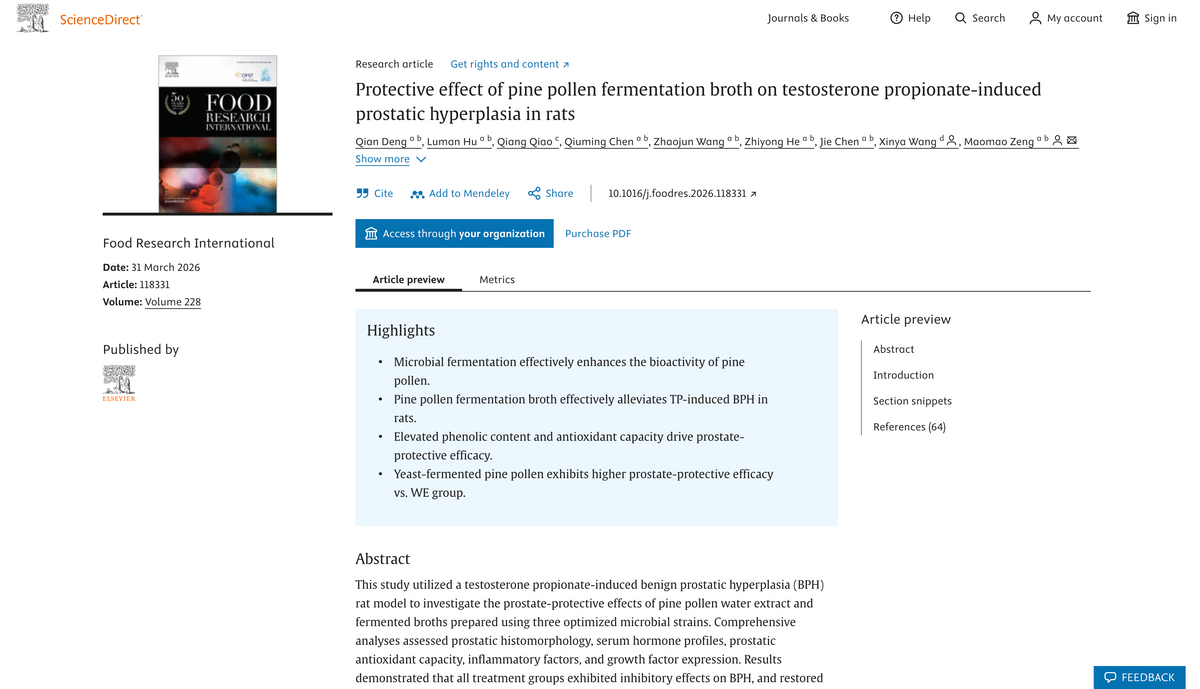 Protective effect of pine pollen fermentation broth on testosterone propionate-induced prostatic hyperplasia in rats