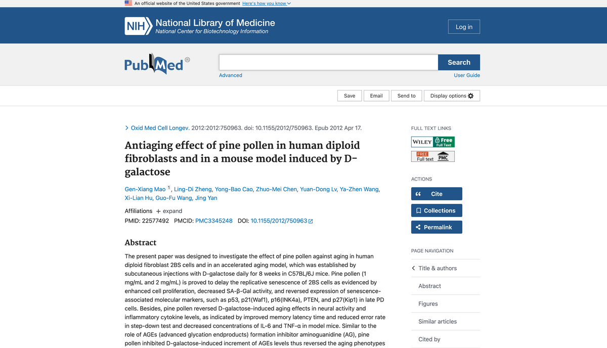 Antiaging effect of pine pollen in human diploid fibroblasts and in a mouse model induced by D-galactose