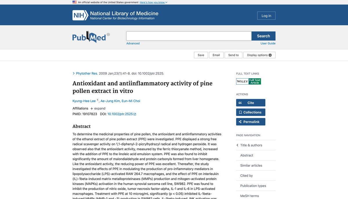 Antioxidant and anti-inflammatory activity of pine pollen extract in vitro