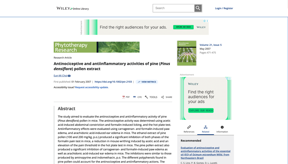 Antinociceptive and antiinflammatory activities of pine (Pinus densiflora) pollen extract