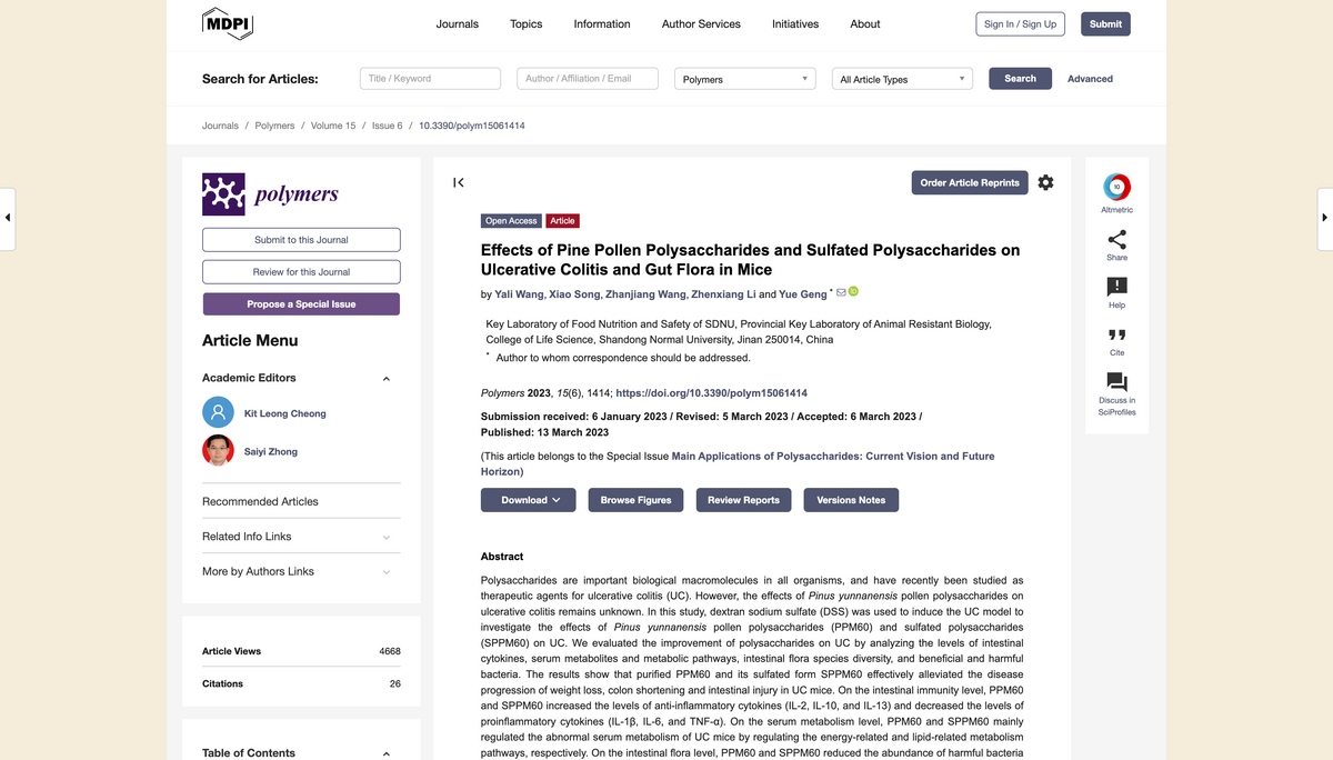 Effects of Pine Pollen Polysaccharides and Sulfated Polysaccharides on Ulcerative Colitis and Gut Flora in Mice