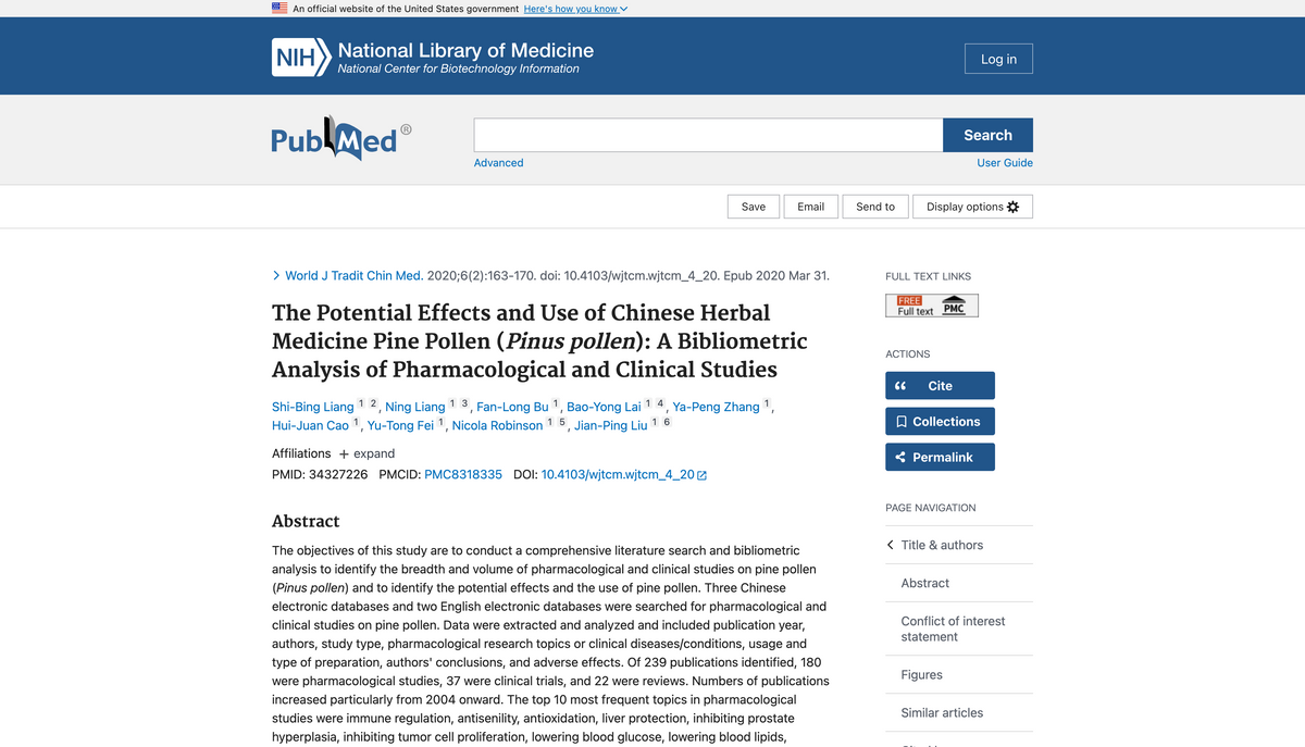 The Potential Effects and Use of Chinese Herbal Medicine Pine Pollen (Pinus pollen): A Bibliometric Analysis of Pharmacological and Clinical Studies